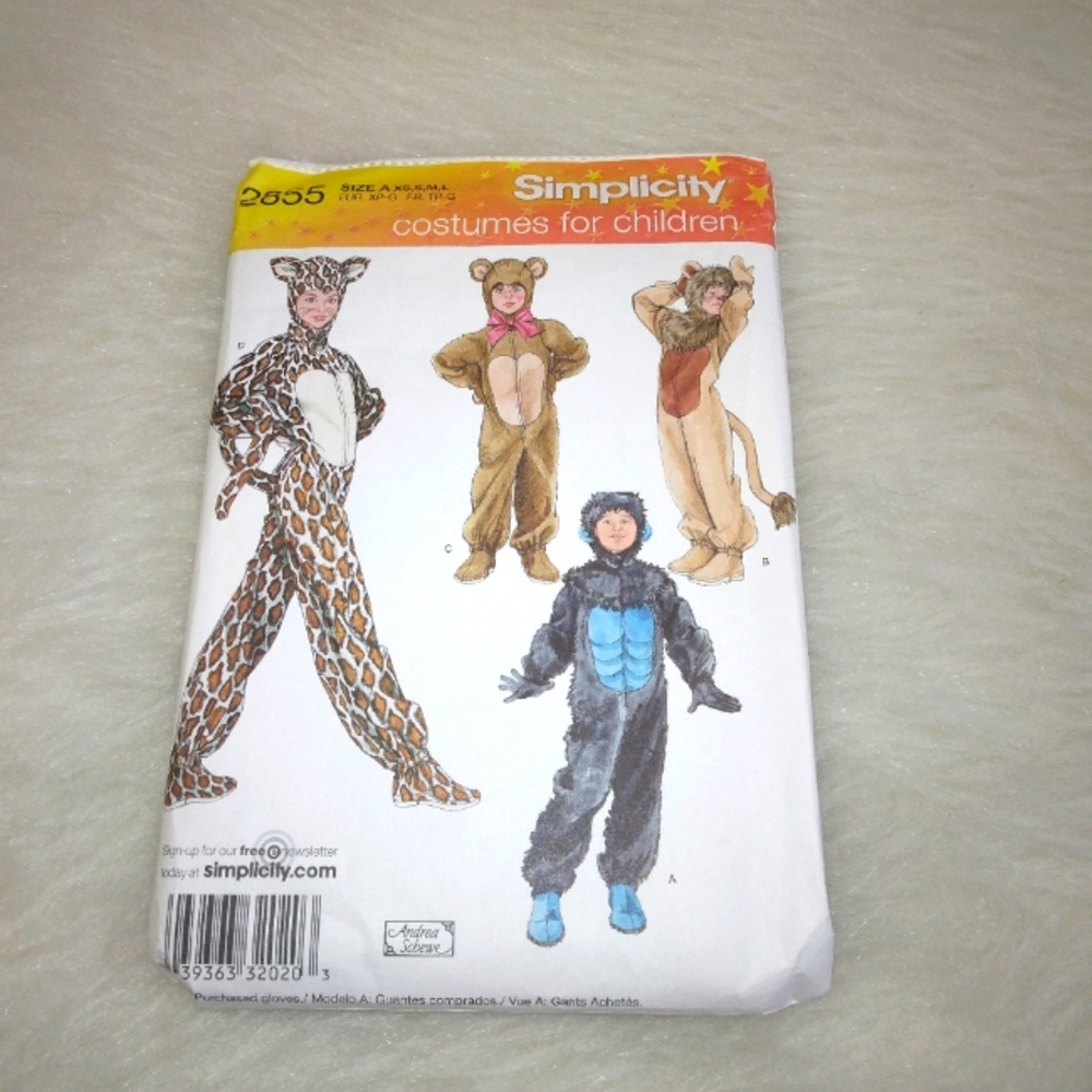 SIMPLICITY 2855 Sz XS-LAnimal Suit Costumes for kids cheetah lion bear gorilla